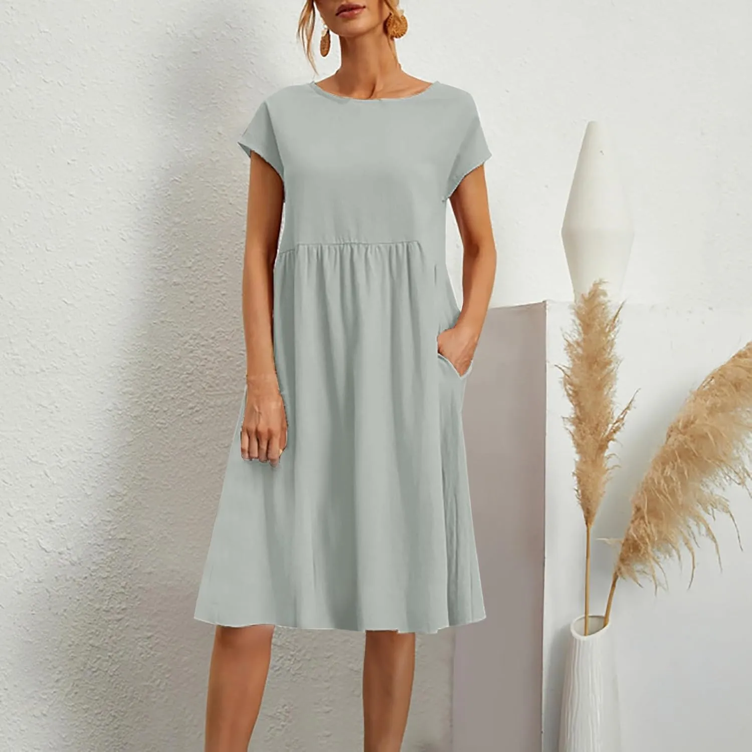 Aniywn Linen Dresses for Women 2025 Vacation Casual Summer Short Sleeve O Neck Flowy Dress Boho Beach Sundress with Pockets