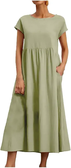 Aniywn Linen Dresses for Women 2025 Vacation Casual Summer Short Sleeve O Neck Flowy Dress Boho Beach Sundress with Pockets