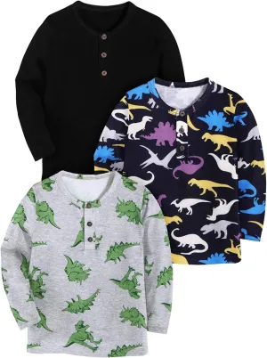 Arshiner Toddler Boys 3 Pack Long-Sleeve Henley T-Shirts Casual Cotton Graphic Shirt for 2-9 Years