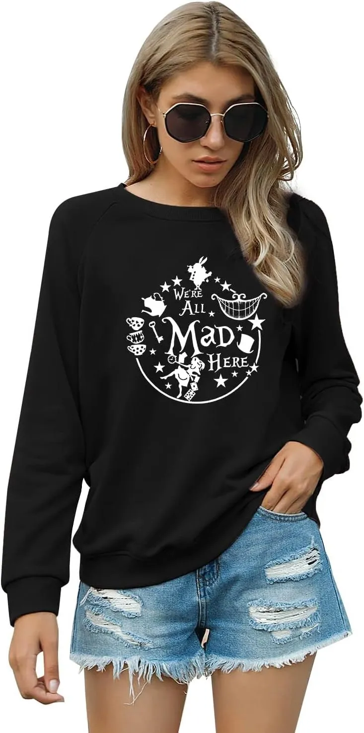 ASTANFY Alice in Wonderland Sweatshirt Women Vintage Mad Hatter Shirt Magic Kingdom Pullover Vacation Long Sleeve Tops