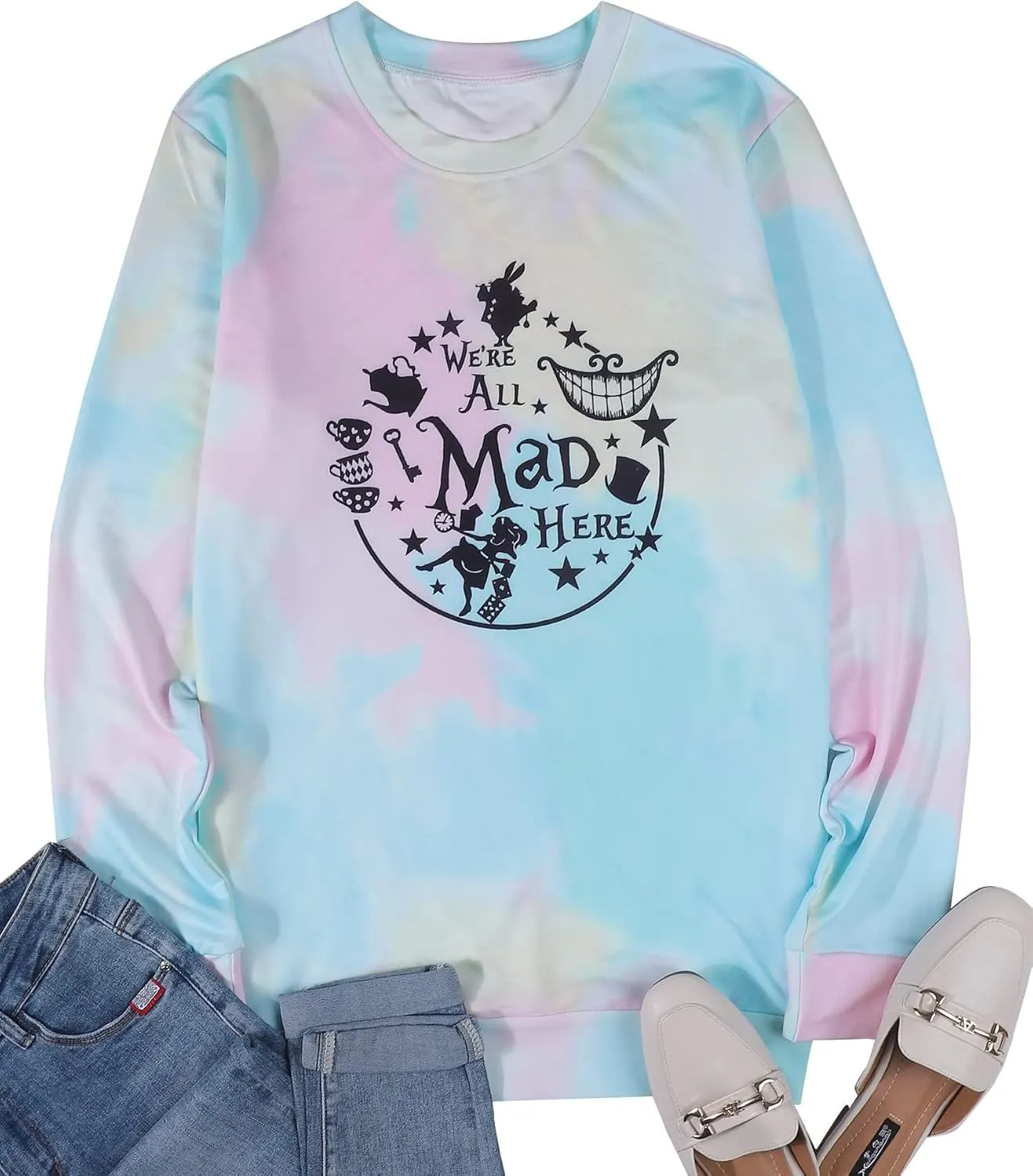 ASTANFY Alice in Wonderland Sweatshirt Women Vintage Mad Hatter Shirt Magic Kingdom Pullover Vacation Long Sleeve Tops