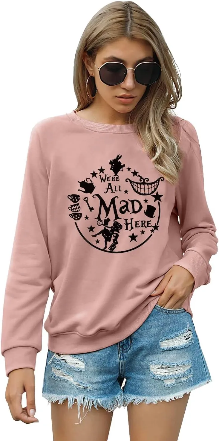 ASTANFY Alice in Wonderland Sweatshirt Women Vintage Mad Hatter Shirt Magic Kingdom Pullover Vacation Long Sleeve Tops