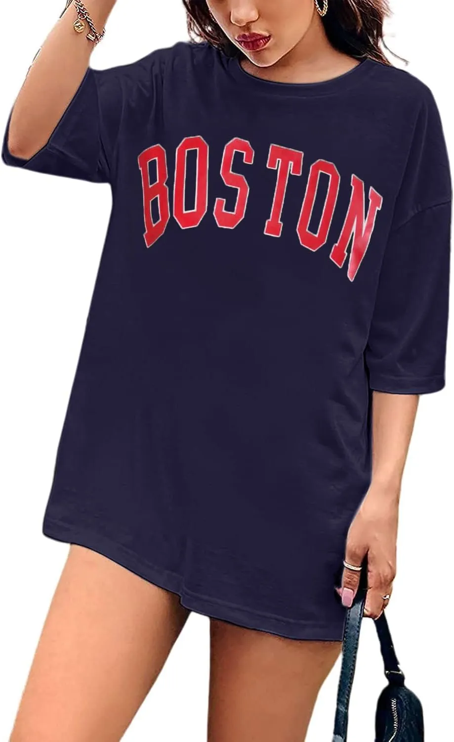 Avanova Women Letter Graphic Print Oversized Tee Shirt Short Sleeve Loose Fit Tops
