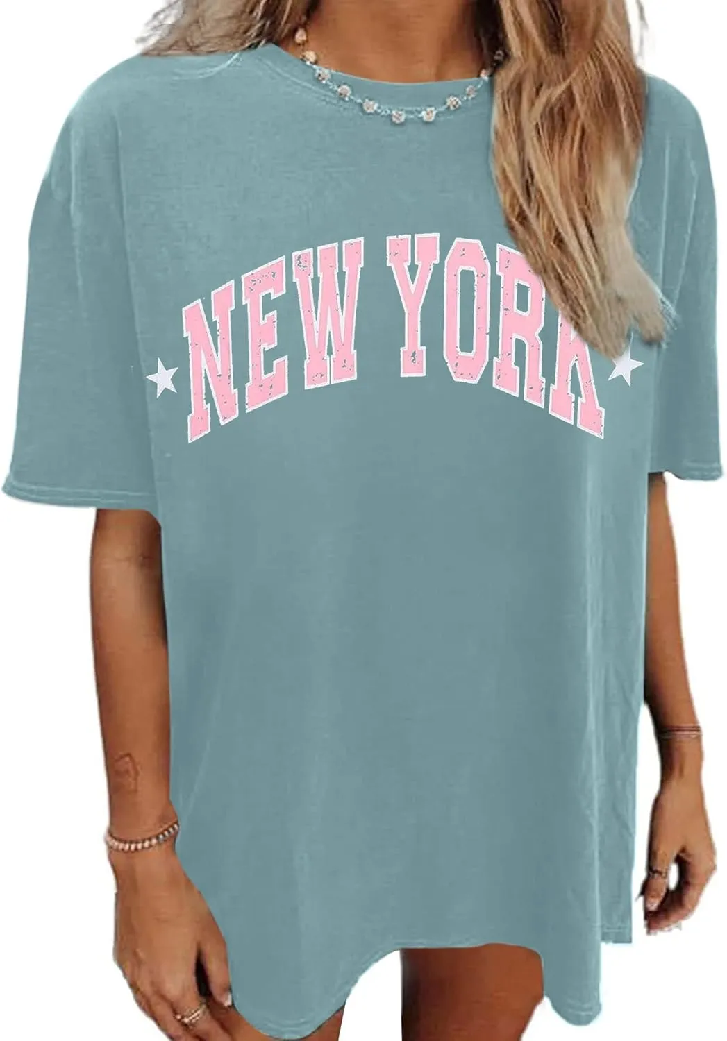 Avanova Women Letter Graphic Print Oversized Tee Shirt Short Sleeve Loose Fit Tops