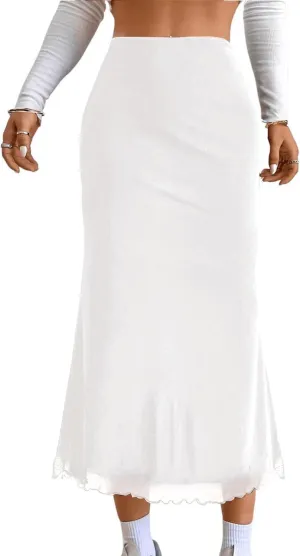 Avanova Women Mesh High Waisted Midi Mermaid Skirts Summer Casual Flowy Long Skirt