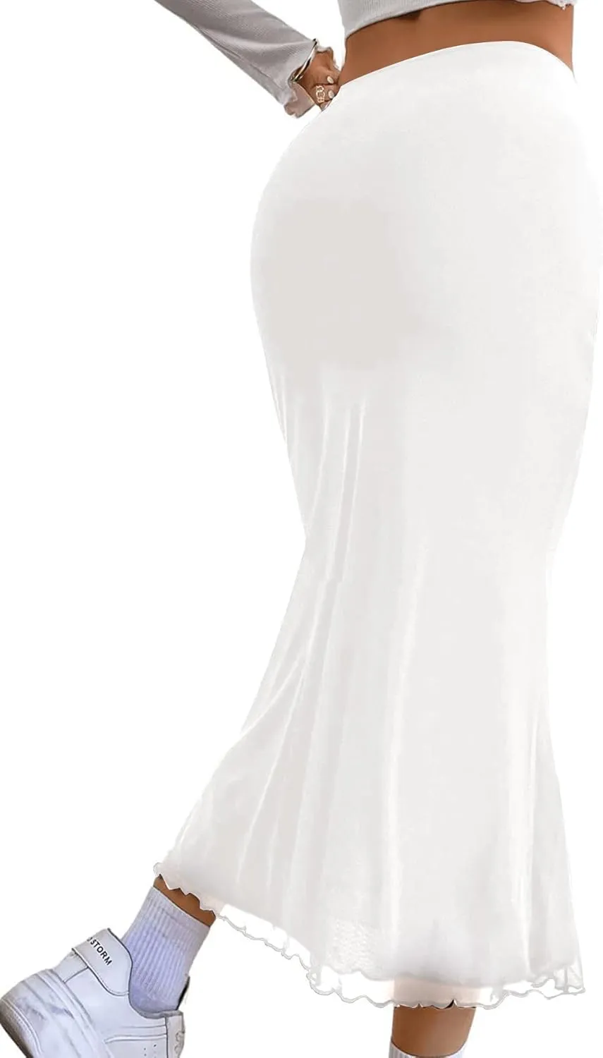 Avanova Women Mesh High Waisted Midi Mermaid Skirts Summer Casual Flowy Long Skirt