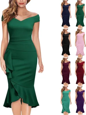 BAXLIMEK Cocktail Dresses for Women,2025 Elegant Sexy Bodycon Off Shoulder Formal Dress Ruffle Irregular Slit Hem Party Dress