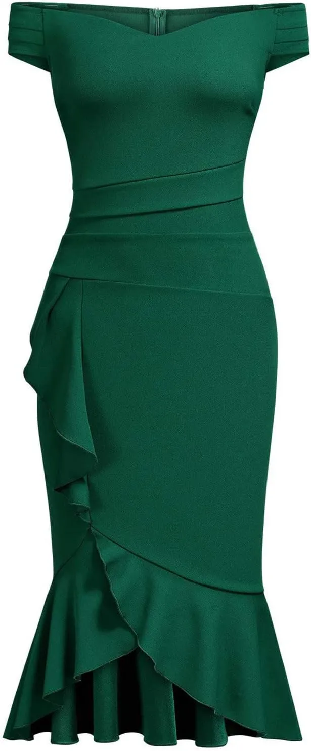BAXLIMEK Cocktail Dresses for Women,2025 Elegant Sexy Bodycon Off Shoulder Formal Dress Ruffle Irregular Slit Hem Party Dress