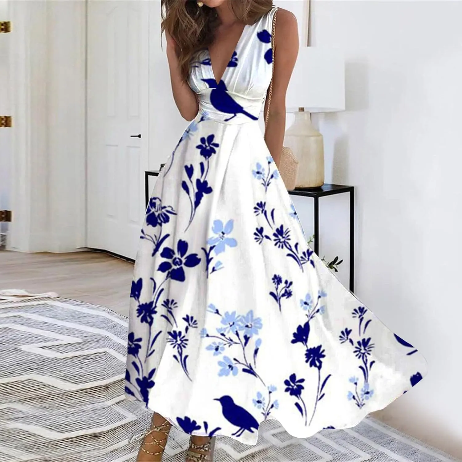 Beach Dresses for Women Summer Trendy Elegant V Neck Wrap Floral Boho Dress Flowy Ruched Maxi Dress