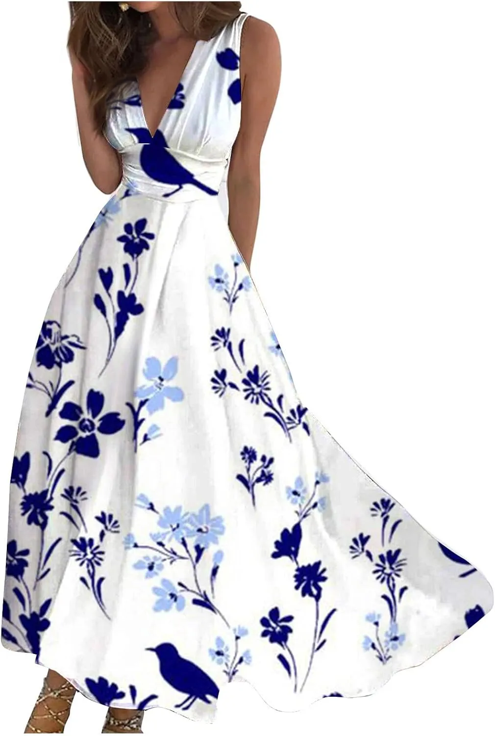 Beach Dresses for Women Summer Trendy Elegant V Neck Wrap Floral Boho Dress Flowy Ruched Maxi Dress