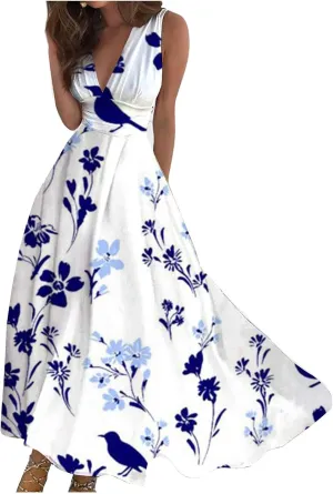 Beach Dresses for Women Summer Trendy Elegant V Neck Wrap Floral Boho Dress Flowy Ruched Maxi Dress