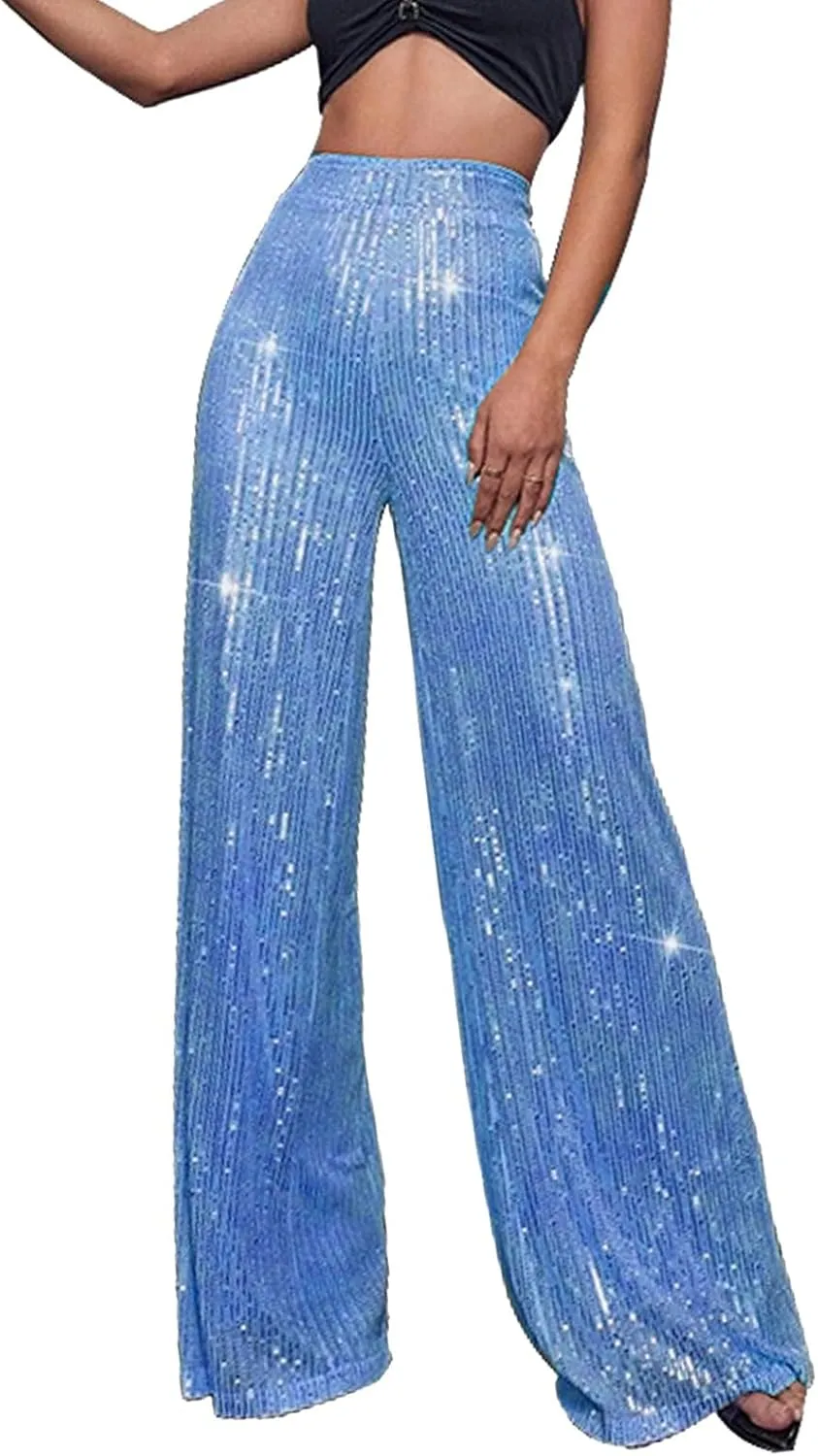 BILIKEYU Women's Shiny High Waisted Sequin Drape Pants Wide Leg Long Party Nightout Outfit Clubwear