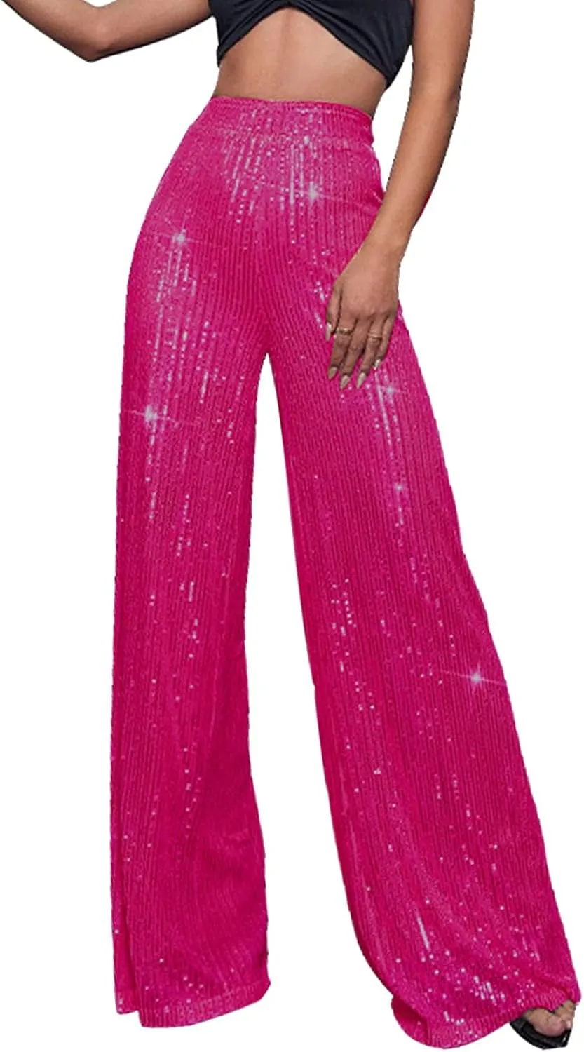 BILIKEYU Women's Shiny High Waisted Sequin Drape Pants Wide Leg Long Party Nightout Outfit Clubwear