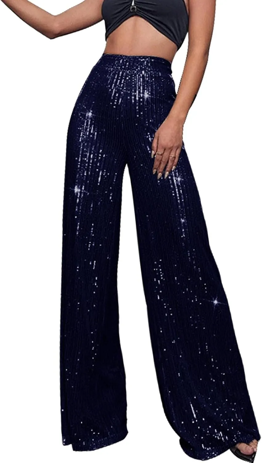 BILIKEYU Women's Shiny High Waisted Sequin Drape Pants Wide Leg Long Party Nightout Outfit Clubwear