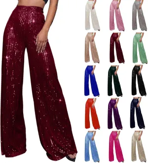 BILIKEYU Women's Shiny High Waisted Sequin Drape Pants Wide Leg Long Party Nightout Outfit Clubwear