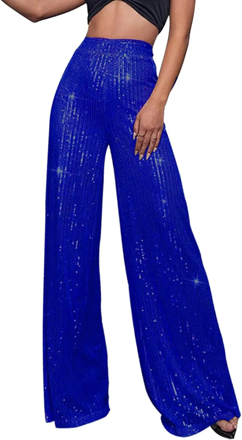 BILIKEYU Women's Shiny High Waisted Sequin Drape Pants Wide Leg Long Party Nightout Outfit Clubwear