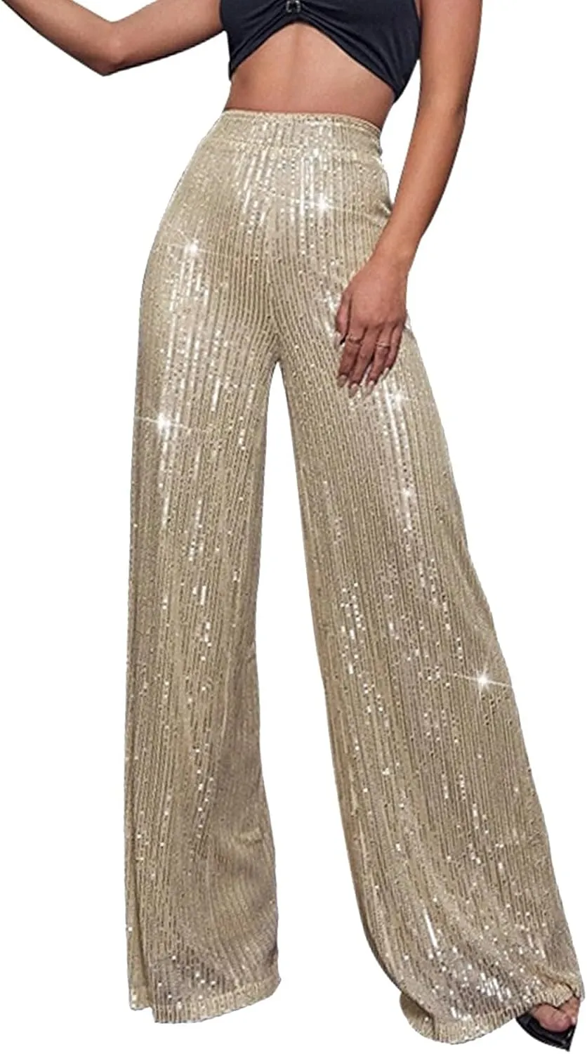 BILIKEYU Women's Shiny High Waisted Sequin Drape Pants Wide Leg Long Party Nightout Outfit Clubwear
