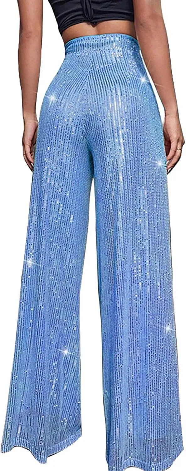 BILIKEYU Women's Shiny High Waisted Sequin Drape Pants Wide Leg Long Party Nightout Outfit Clubwear