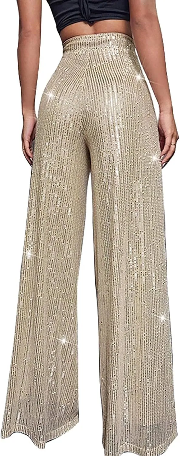 BILIKEYU Women's Shiny High Waisted Sequin Drape Pants Wide Leg Long Party Nightout Outfit Clubwear
