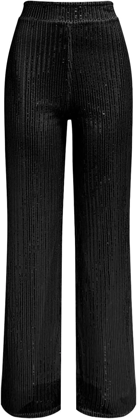 BILIKEYU Women's Shiny High Waisted Sequin Drape Pants Wide Leg Long Party Nightout Outfit Clubwear
