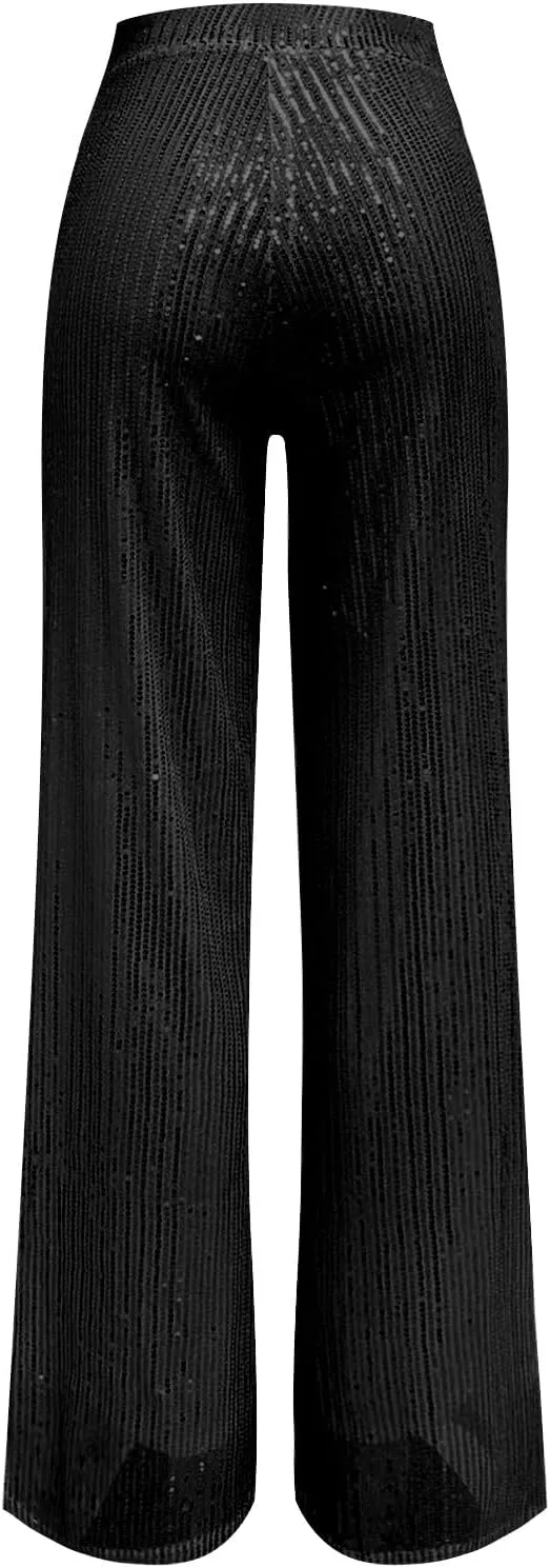 BILIKEYU Women's Shiny High Waisted Sequin Drape Pants Wide Leg Long Party Nightout Outfit Clubwear