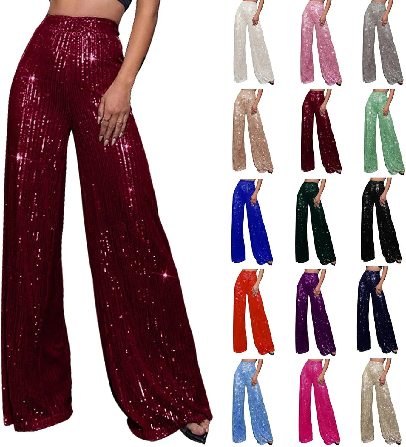 BILIKEYU Women's Shiny High Waisted Sequin Drape Pants Wide Leg Long Party Nightout Outfit Clubwear