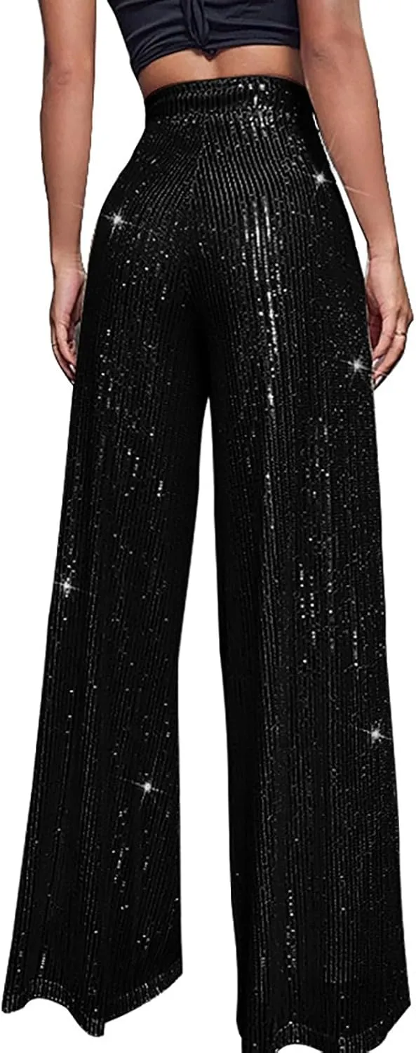 BILIKEYU Women's Shiny High Waisted Sequin Drape Pants Wide Leg Long Party Nightout Outfit Clubwear