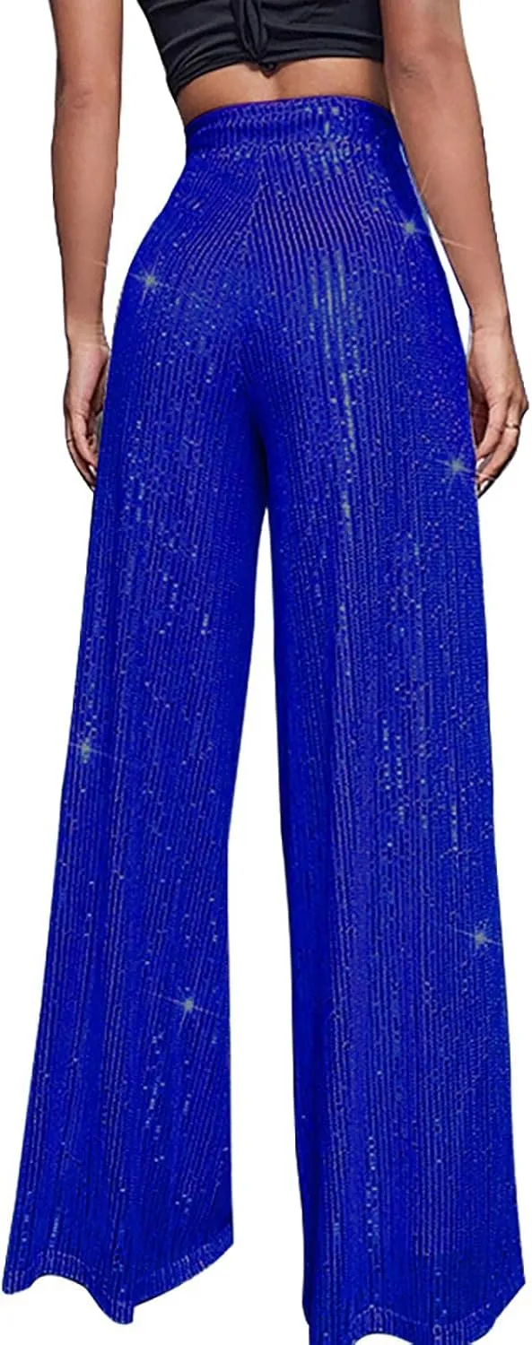 BILIKEYU Women's Shiny High Waisted Sequin Drape Pants Wide Leg Long Party Nightout Outfit Clubwear
