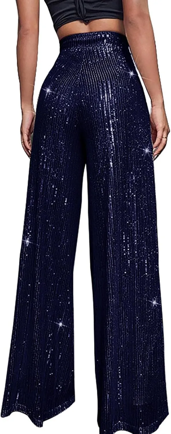 BILIKEYU Women's Shiny High Waisted Sequin Drape Pants Wide Leg Long Party Nightout Outfit Clubwear