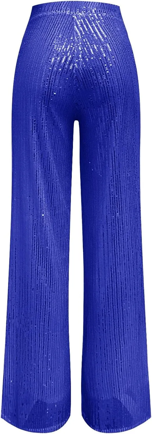BILIKEYU Women's Shiny High Waisted Sequin Drape Pants Wide Leg Long Party Nightout Outfit Clubwear