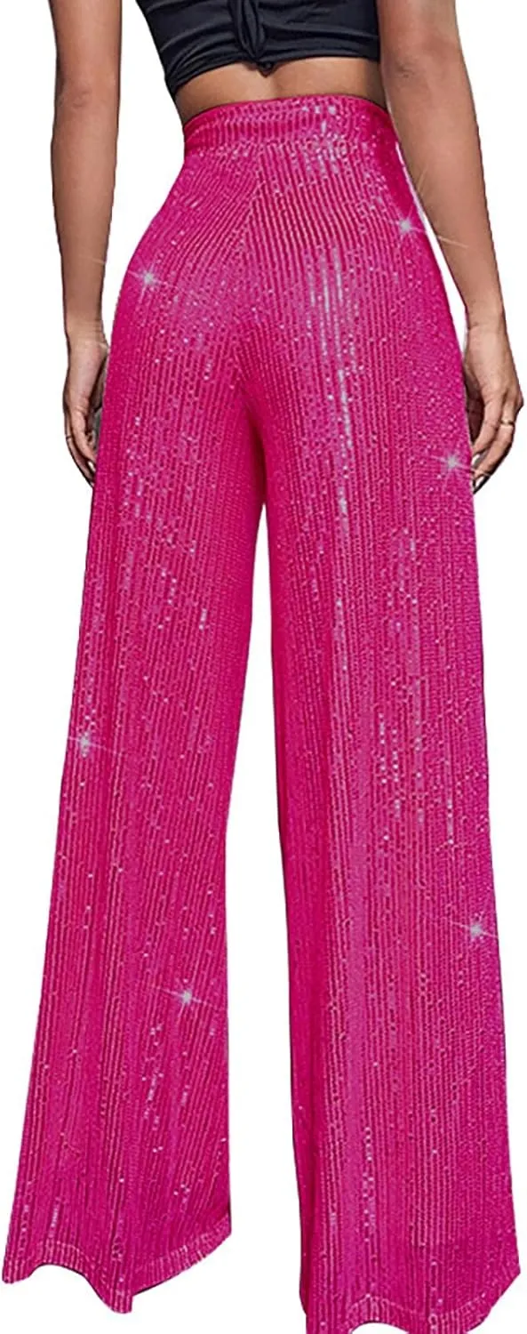 BILIKEYU Women's Shiny High Waisted Sequin Drape Pants Wide Leg Long Party Nightout Outfit Clubwear