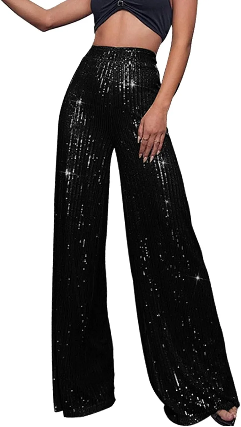 BILIKEYU Women's Shiny High Waisted Sequin Drape Pants Wide Leg Long Party Nightout Outfit Clubwear