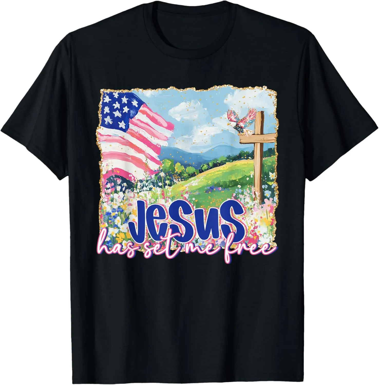 Boho Floral Jesus Has Set Me Free Christians 4th Of July T-Shirt