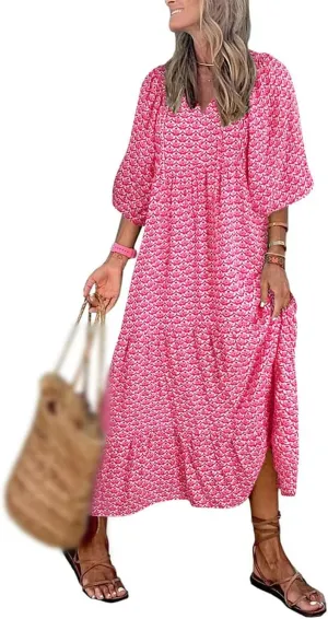 Boho Maxi Dresses for Women Casual Floarl V Neck Puff Short Sleeve Dress Summer Loose Color Block Beach Sundress