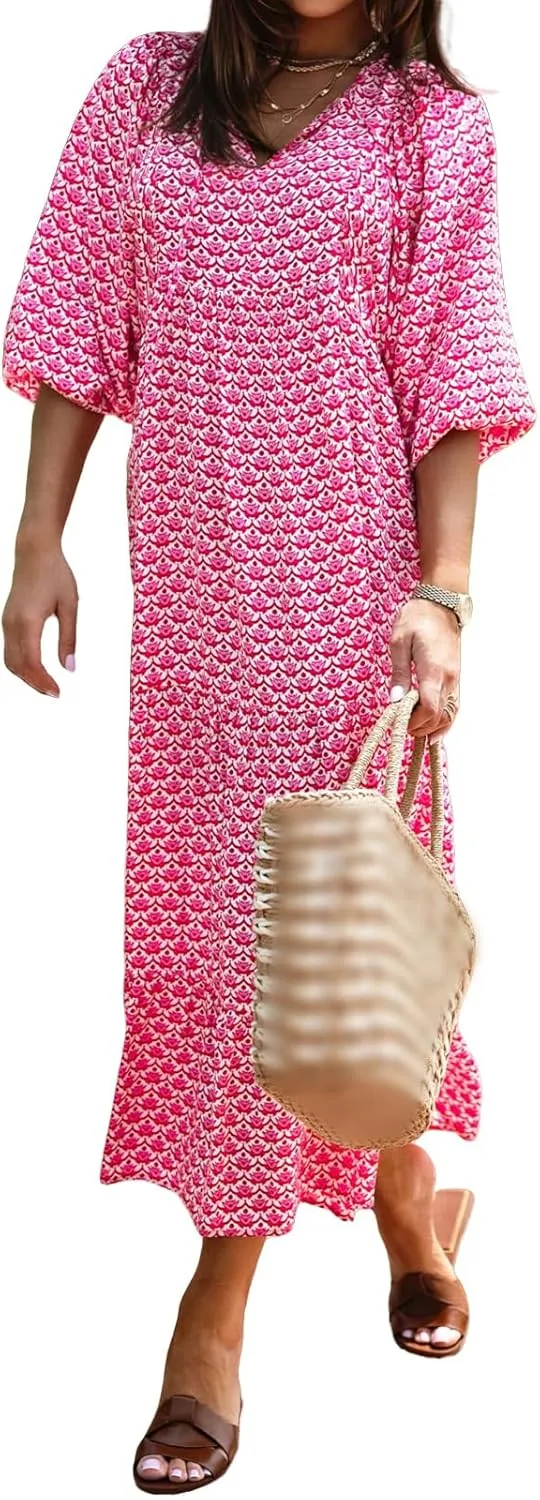 Boho Maxi Dresses for Women Casual Floarl V Neck Puff Short Sleeve Dress Summer Loose Color Block Beach Sundress