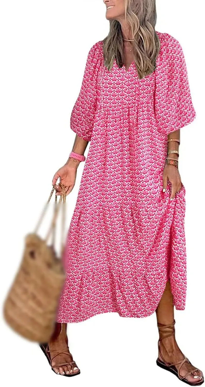 Boho Maxi Dresses for Women Casual Floarl V Neck Puff Short Sleeve Dress Summer Loose Color Block Beach Sundress