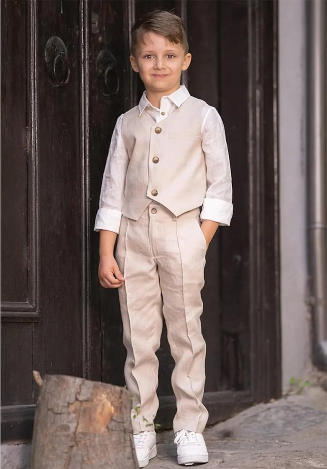 Boys Linen Suit Summer Formal Vest Suit Set for Boy Slim Fit 3 Piece Kids Tuxedo Beach Wedding Outfit with Tie