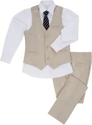 Boys Linen Suit Summer Formal Vest Suit Set for Boy Slim Fit 3 Piece Kids Tuxedo Beach Wedding Outfit with Tie