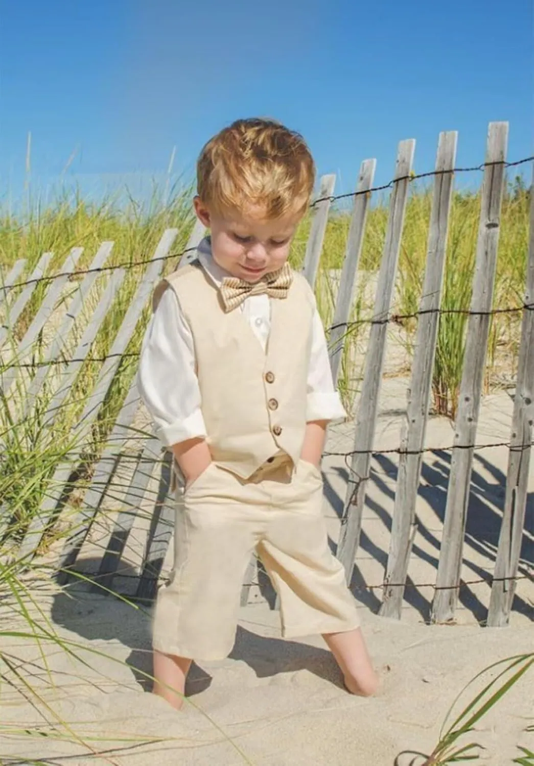 Boys Linen Suit Summer Formal Vest Suit Set for Boy Slim Fit 3 Piece Kids Tuxedo Beach Wedding Outfit with Tie