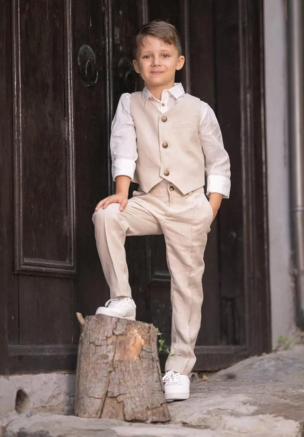 Boys Linen Suit Summer Formal Vest Suit Set for Boy Slim Fit 3 Piece Kids Tuxedo Beach Wedding Outfit with Tie
