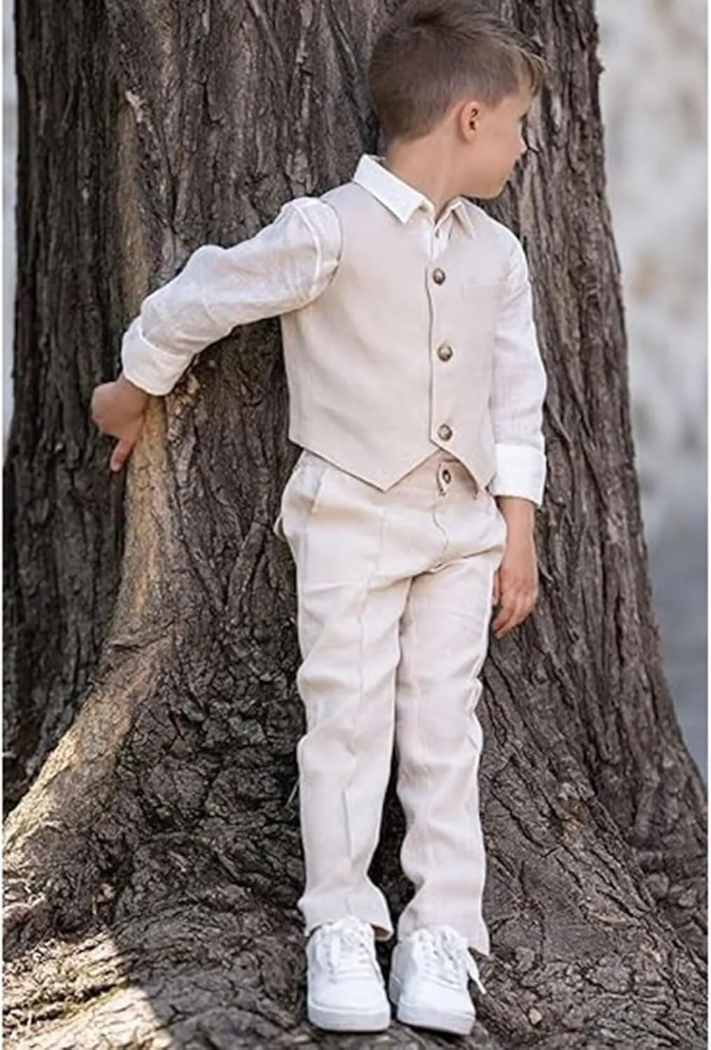 Boys Linen Suit Summer Formal Vest Suit Set for Boy Slim Fit 3 Piece Kids Tuxedo Beach Wedding Outfit with Tie