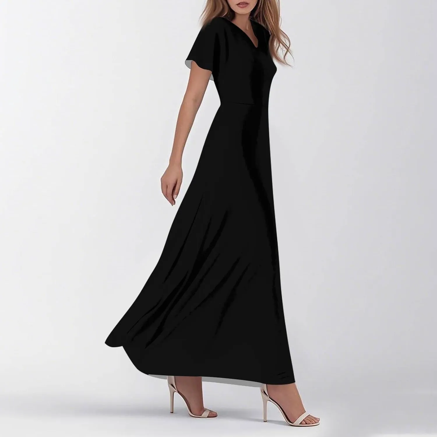 Brunch Dresses for Women 2025 Summer V-Neck Ruffle Short Sleeve Casual Solid Aline Swing Dress,XS-2XL