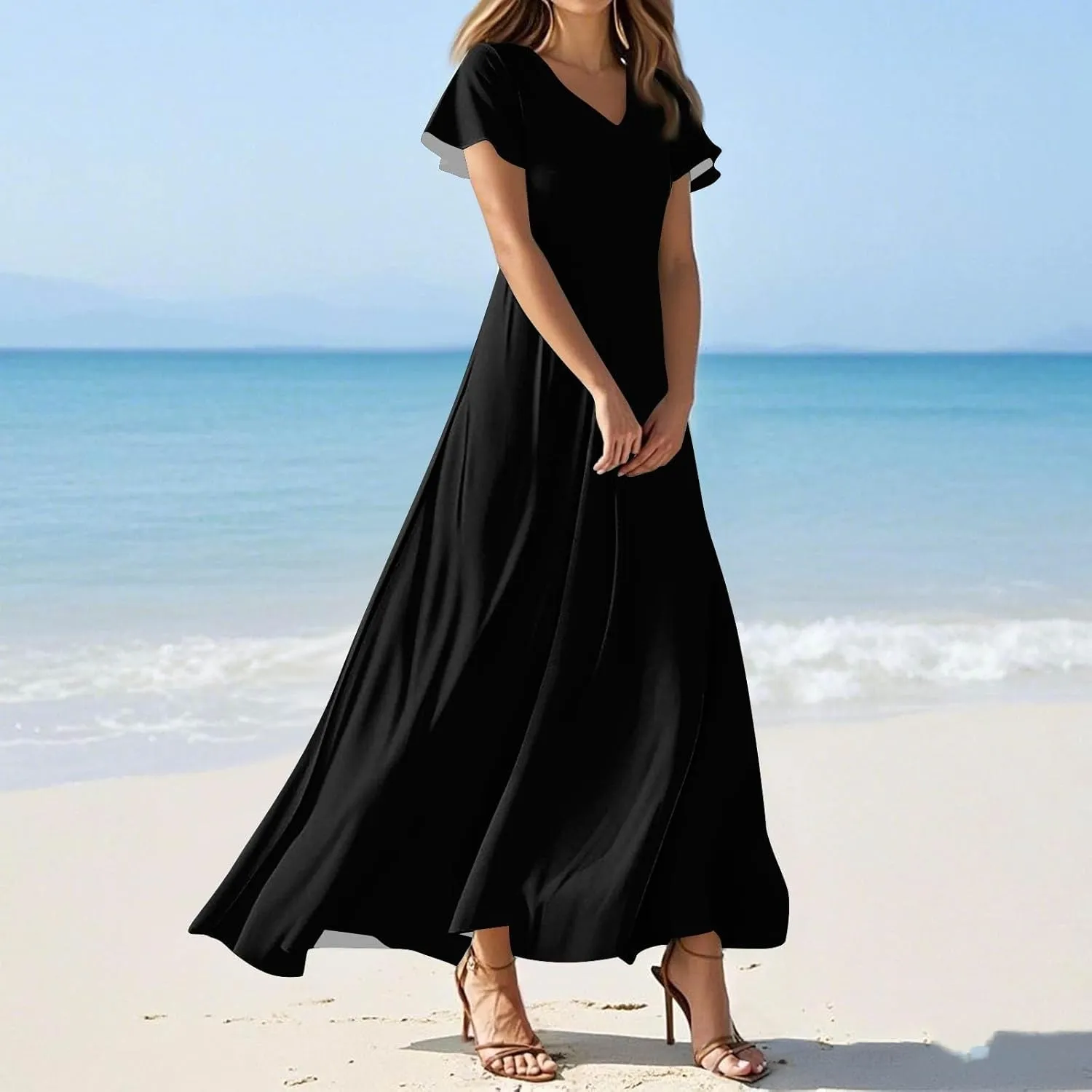 Brunch Dresses for Women 2025 Summer V-Neck Ruffle Short Sleeve Casual Solid Aline Swing Dress,XS-2XL