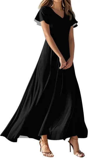 Brunch Dresses for Women 2025 Summer V-Neck Ruffle Short Sleeve Casual Solid Aline Swing Dress,XS-2XL
