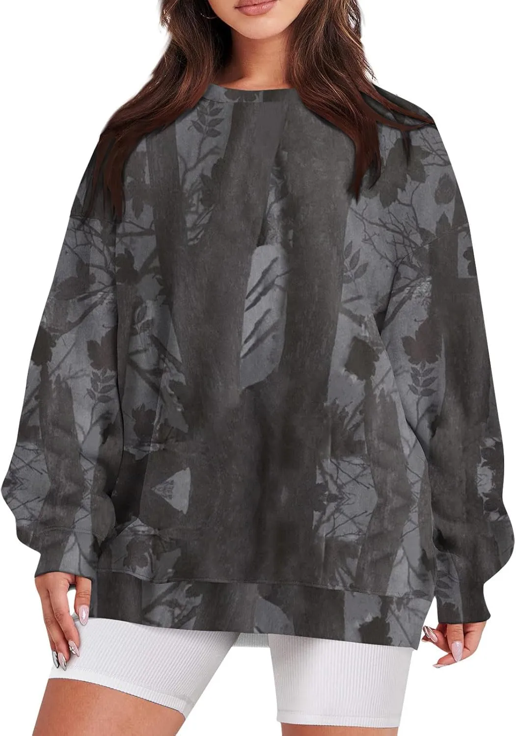 Camo Sweatshirt for Women Oversized Maple Leaf Print Sweatshirts Casual Long Sleeve Camo Crewneck Sweatshirt