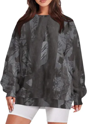 Camo Sweatshirt for Women Oversized Maple Leaf Print Sweatshirts Casual Long Sleeve Camo Crewneck Sweatshirt