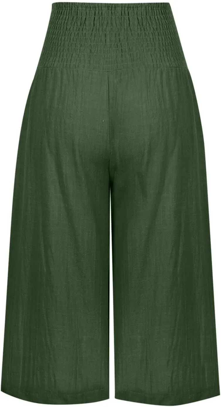 Capri Pants for Women Cotton Linen Summer Casual Wide Leg Capris Smocked High Waist Cropped Trousers with Pockets