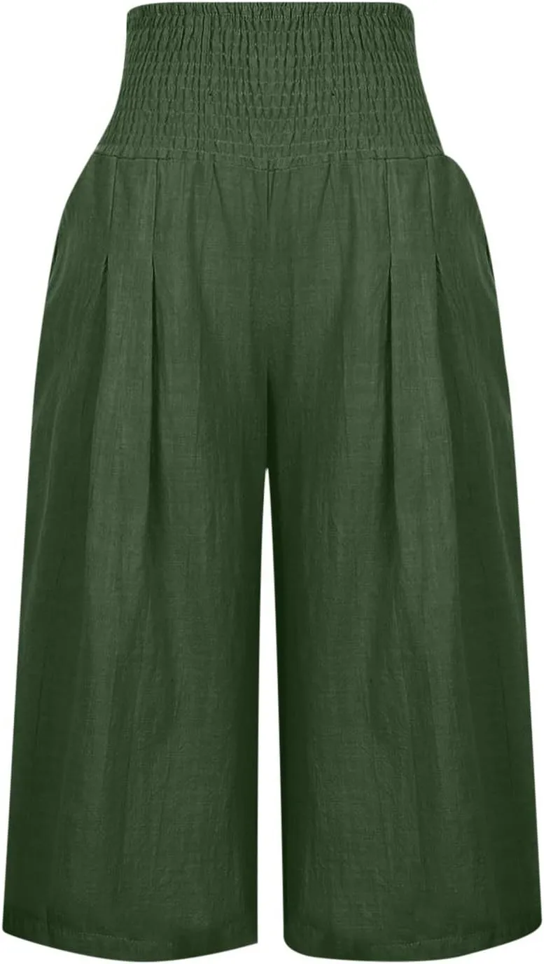 Capri Pants for Women Cotton Linen Summer Casual Wide Leg Capris Smocked High Waist Cropped Trousers with Pockets