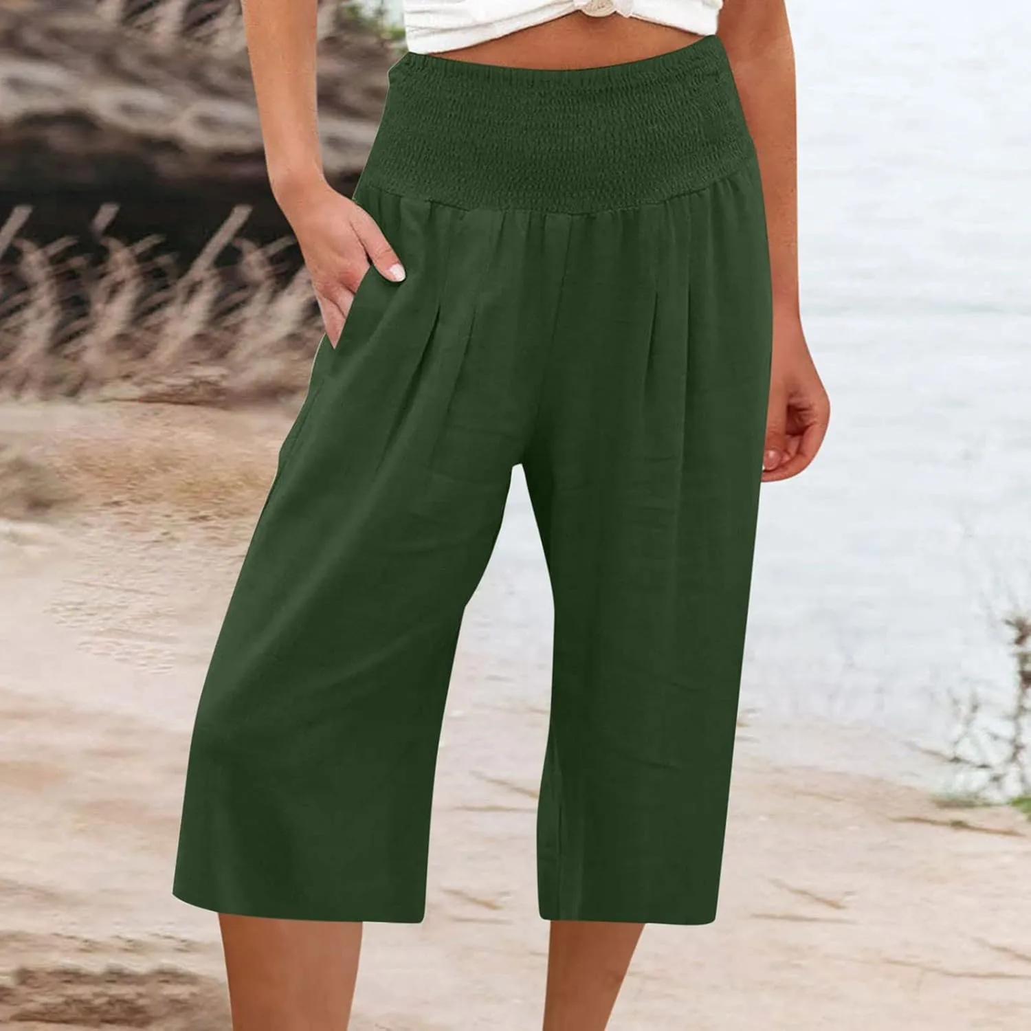 Capri Pants for Women Cotton Linen Summer Casual Wide Leg Capris Smocked High Waist Cropped Trousers with Pockets