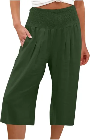 Capri Pants for Women Cotton Linen Summer Casual Wide Leg Capris Smocked High Waist Cropped Trousers with Pockets